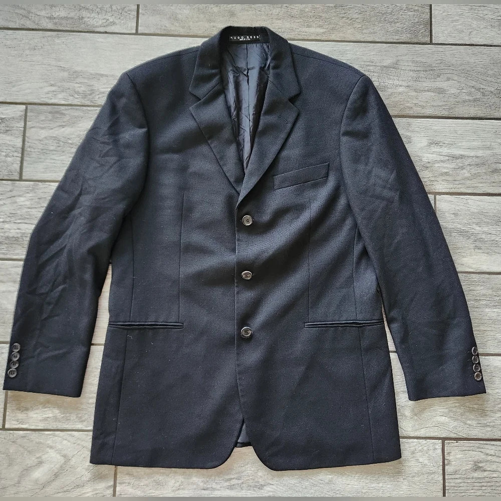Hugo Boss‎ Black Blazer Sports Coat Jacket 40R Virgin Wool Preppy USA Made Vtg